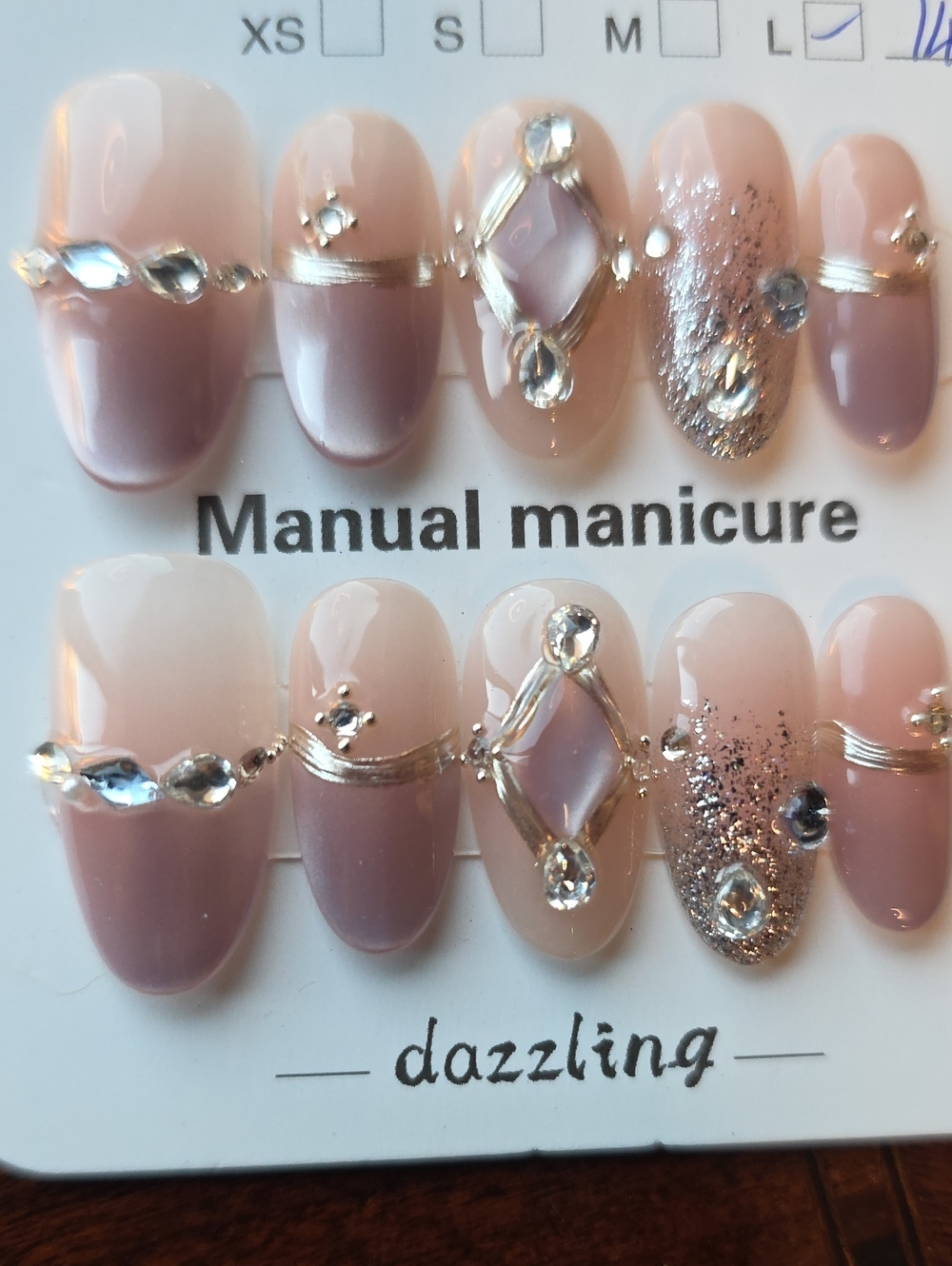 Dazzling Nude Pink Press-On Nail Set with Rhinestones Size Large